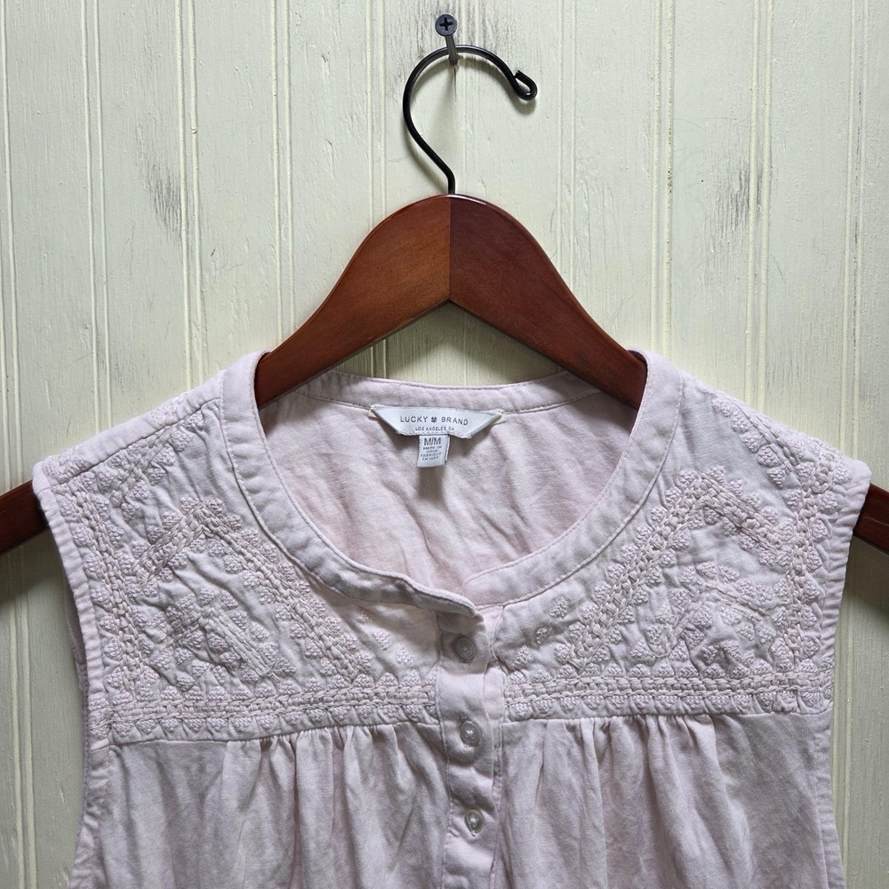 Lucky Brand Tank Top Womens Medium Pink Henley Sleeveless Embroidered Jersey